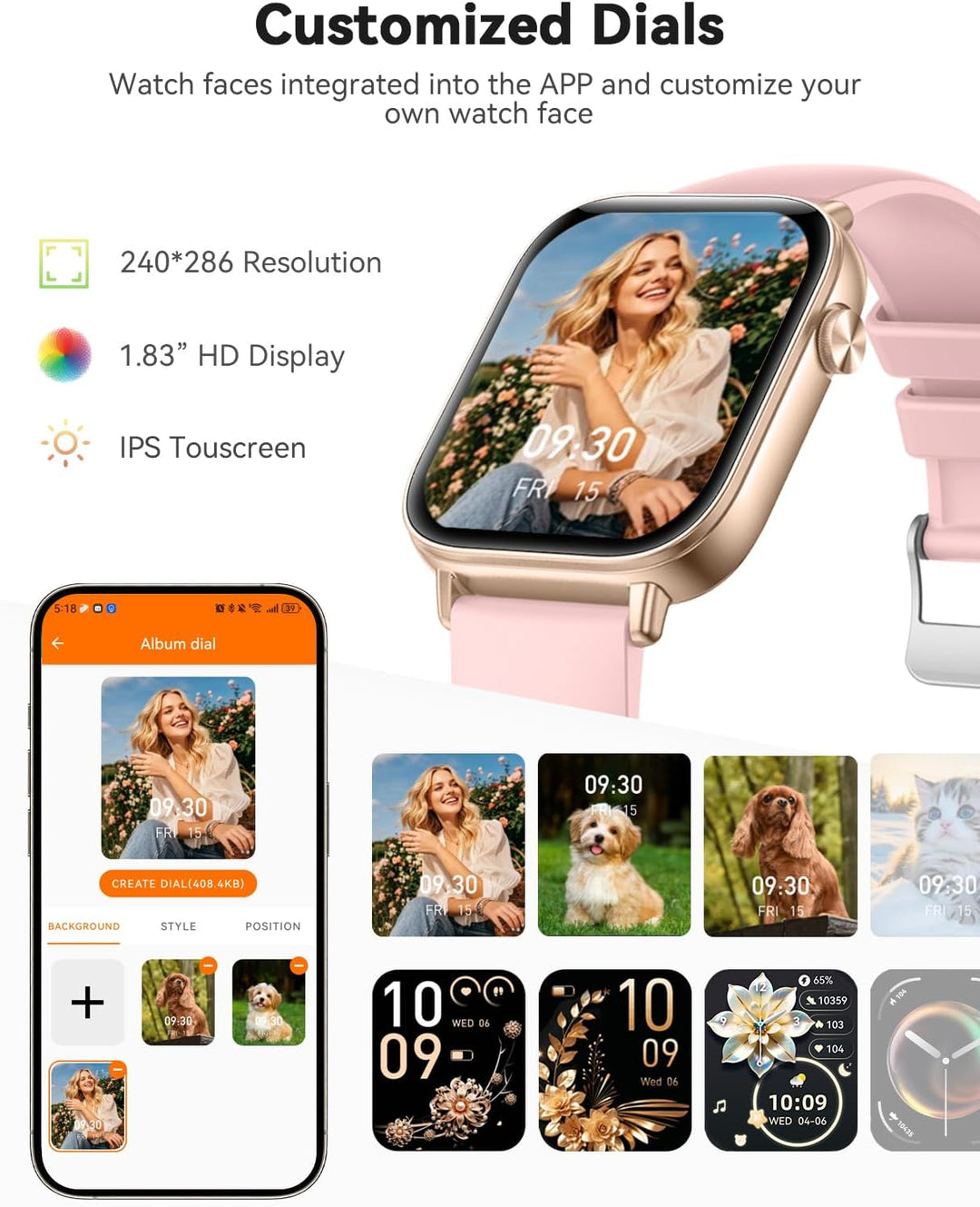 Smartwatch Damen, 1.83 Zoll HD-Display Smart Watch mit Telefonfunktion, 100+ Sportmodi Fitness Track