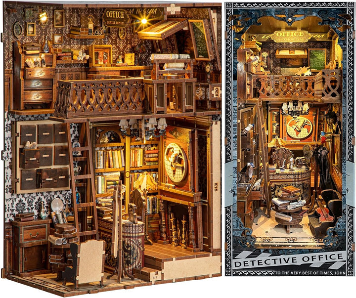 Quanquer Book Nook Kit-Detektivbüro Mit Staubschutzhülle Miniatur Puppenhaus Bücherregal 3D Holzpuzz
