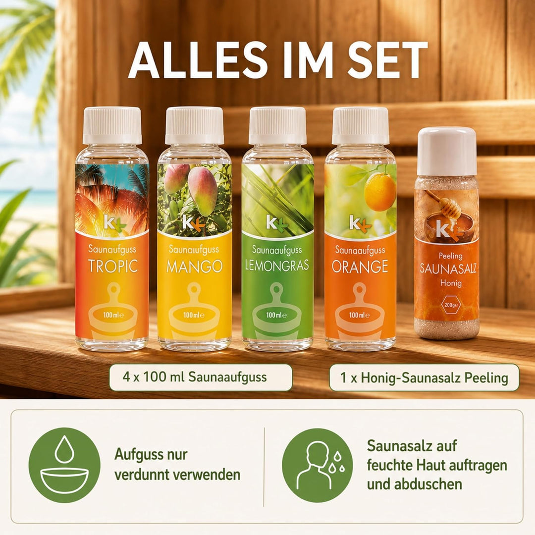 KK Sauna -Set mit Salz Peeling | KK Saunaaufgussset"Karibik" 4 x 100 ml + 200 g KK Saunasalz"Honig"