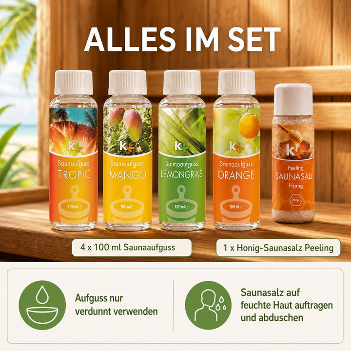 KK Sauna -Set mit Salz Peeling | KK Saunaaufgussset"Karibik" 4 x 100 ml + 200 g KK Saunasalz"Honig"