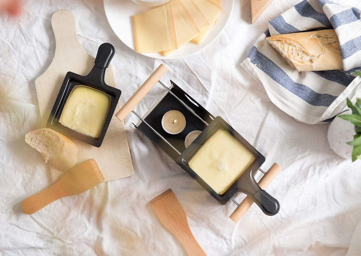 Rosenstein & Söhne Raclette Teelichtofen: 2er-Set Teelicht-Raclette für 2 Personen, mit Schabern und