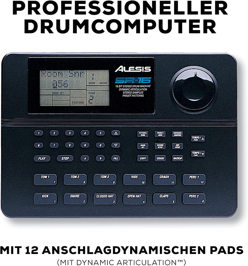 Alesis SR16 - Classic Drum Machine mit 233 Studio drum und 12 Anschlagsdynamische Pads SR16 - Schwar