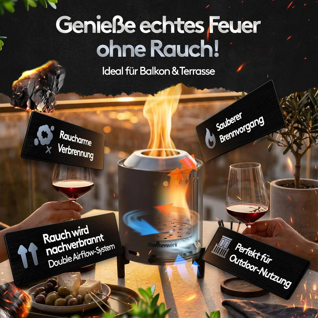 Raucharmes Tischfeuer für Pellets & Holz – Kompaktes Outdoor-Flammenfeuer mit 360° Luftregulierung,