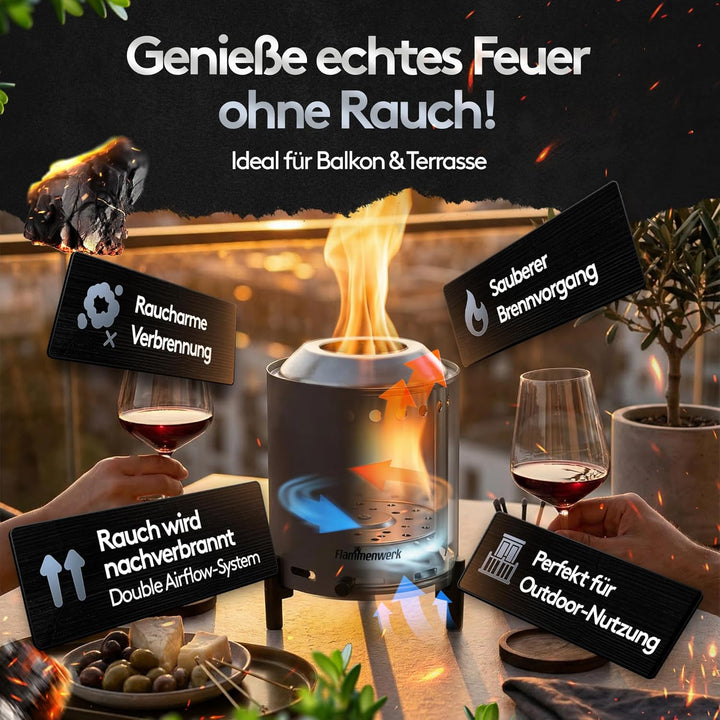 Raucharmes Tischfeuer für Pellets & Holz – Kompaktes Outdoor-Flammenfeuer mit 360° Luftregulierung,