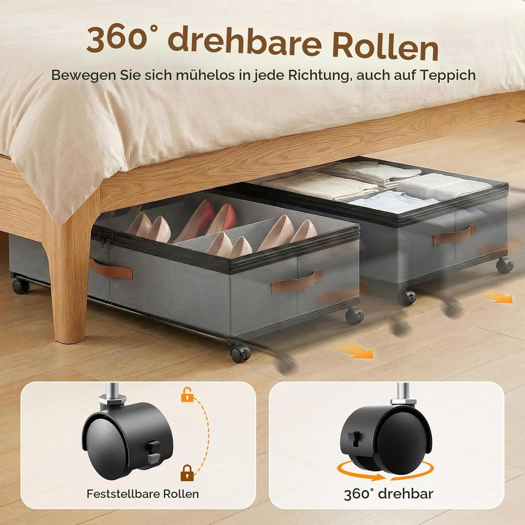 2 Stück Unterbett Aufbewahrungsbox 72L, Unterbettkommode Bettkasten mit Rollen 360°Drehung, Unterbet