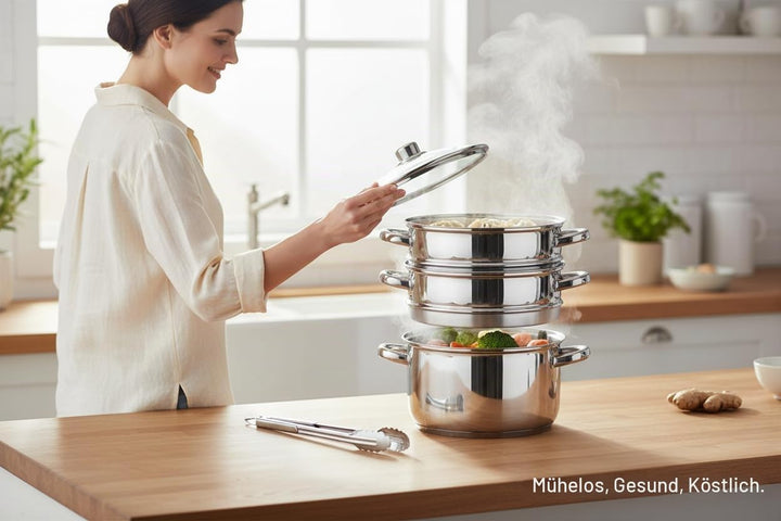 Zilner Dampfgarer Set - Topf Set 5-teilig - 24 cm - 3x Dämpfeinsatz und Glasdeckel - für alle Herdar