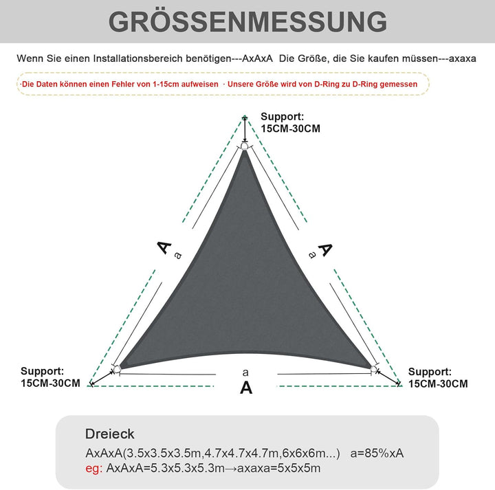 HENG FENG Sonnensegel 3.6x3.6x3.6m Dreieckig Wasserdicht mit 95% UV-Schutz Sonnenschutz für Garten T