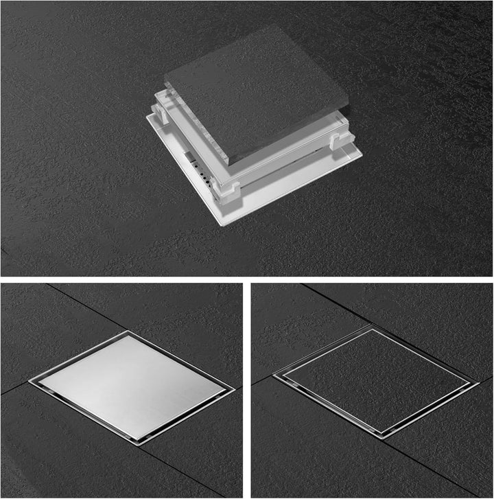 Duschrinne Quadrat 20 x 20cm Edelstahl Bodenablauf 2-in-1 doppelseitig, Flieseneinsatz Ablaufrinne,s