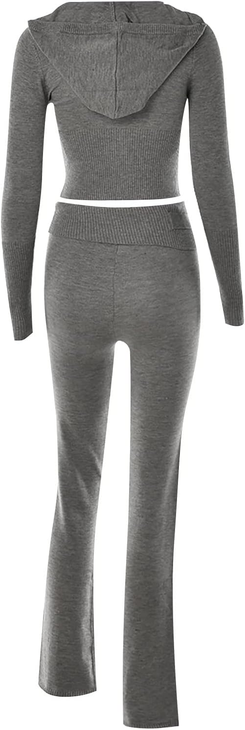 Damen Zweiteiler Hose und Pullover Strick Reissverschluss Up Crop Hoodies Vintage Sweatshirts mit Ka
