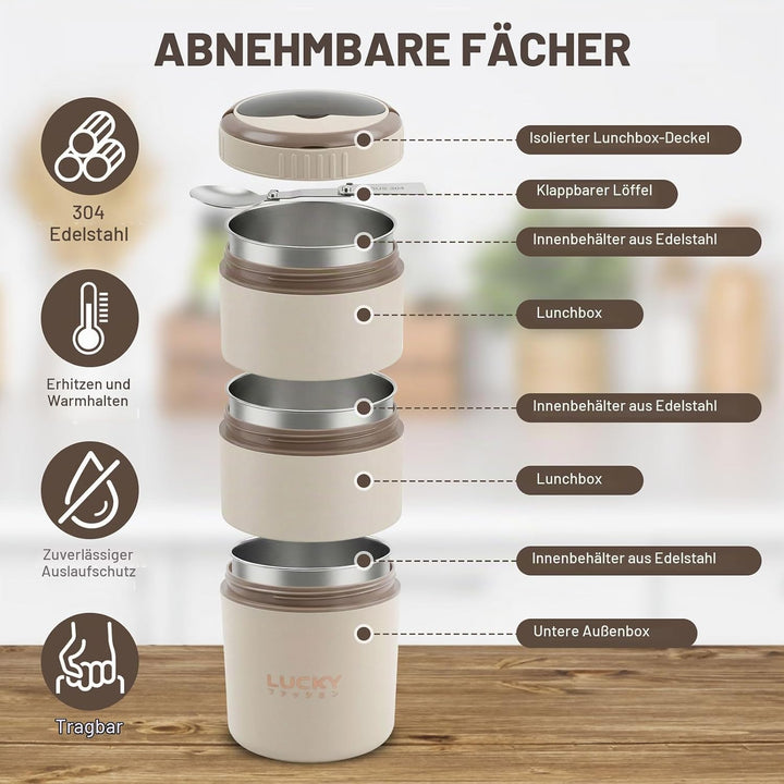 304 Edelstahl Lunchbox, 3-lagiger Food Container mit faltbarem Besteck, Auslaufsicher, Mikrowellen-