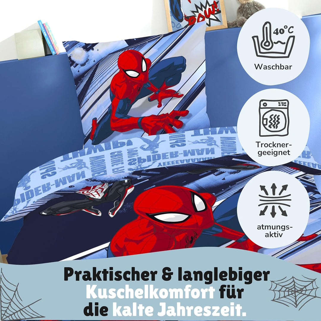 Spiderman Wende-Bettwäsche Set 135x200 80x80 cm · Winterbettwäsche in Biber Flanell Qualität aus 100