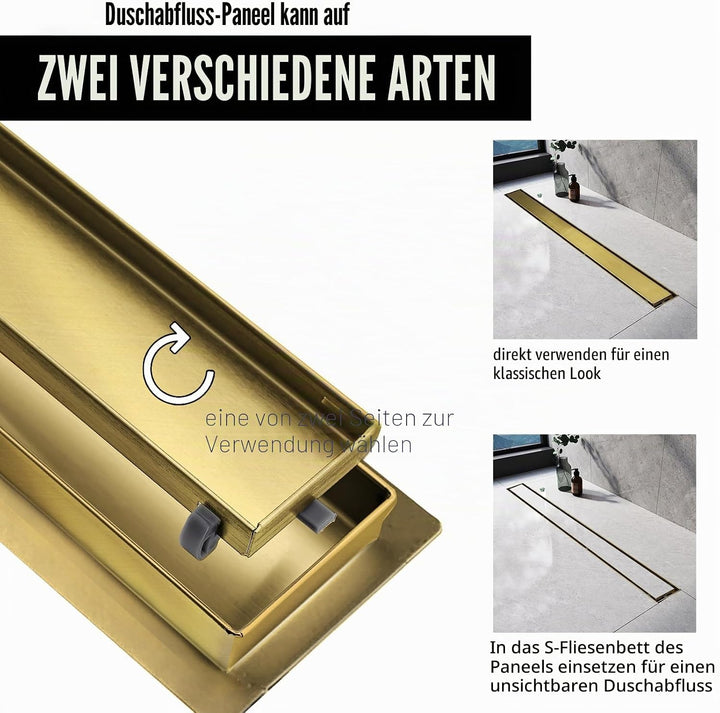 Duschrinne 50 cm, Gold Befliesbar Duschrinne extra flach, Edelstahl Bodenablauf Komplettset mit 360°