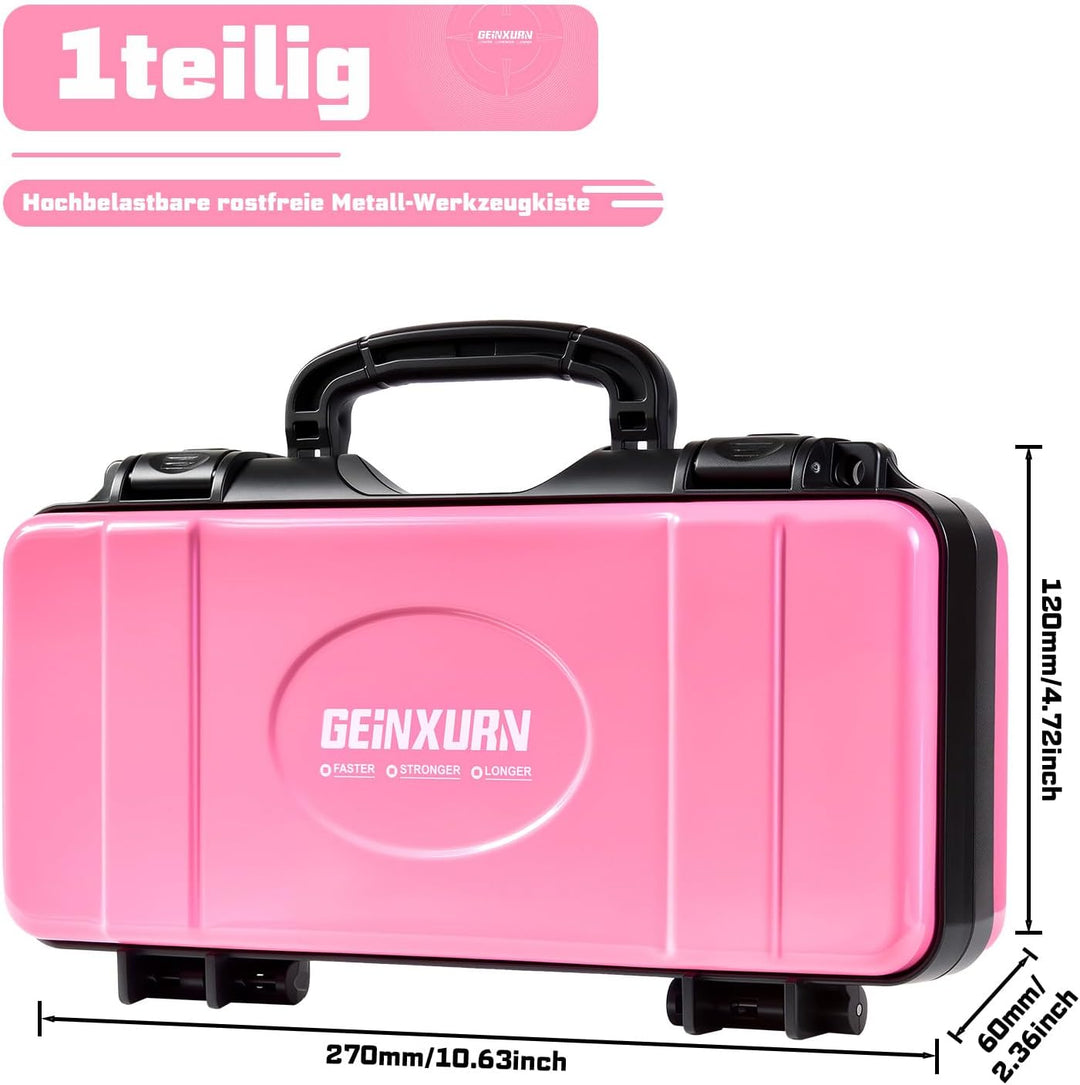 Rosa Werkzeugkasten, Tragbarer, Robuster Werkzeugkoffer aus Stahl mit Sicherheitsverschluss und Grif