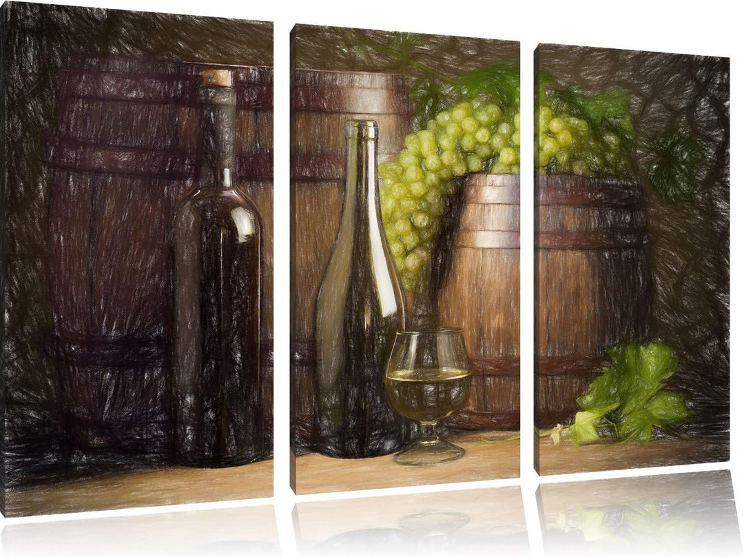 Pixxprint Fässer mit Weintrauben und Wein als Leinwandbild/Grösse: 3 Teilig (120x80 cm) cm/Wandbild/