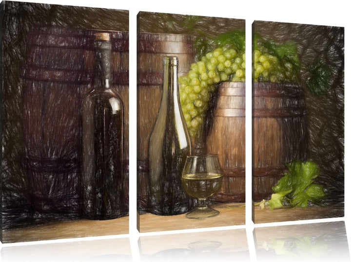 Pixxprint Fässer mit Weintrauben und Wein als Leinwandbild/Grösse: 3 Teilig (120x80 cm) cm/Wandbild/