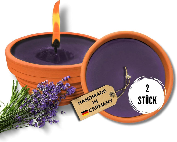 Lavalis 2X Lavendel Kerze mit Duft in Terrakotta-Schale, Alternative zu Citronella-Kerze, Handbefüll