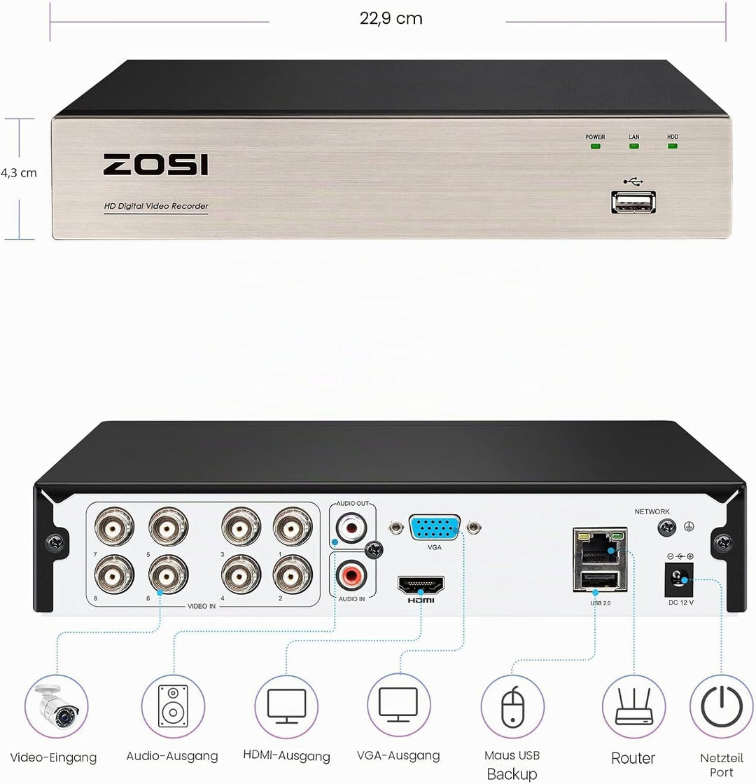 ZOSI 8CH 1080P DVR Netzwerk Digital Video Recorder DVR mit 2TB Festplatte, Arbeitet mit 720P 1080P C