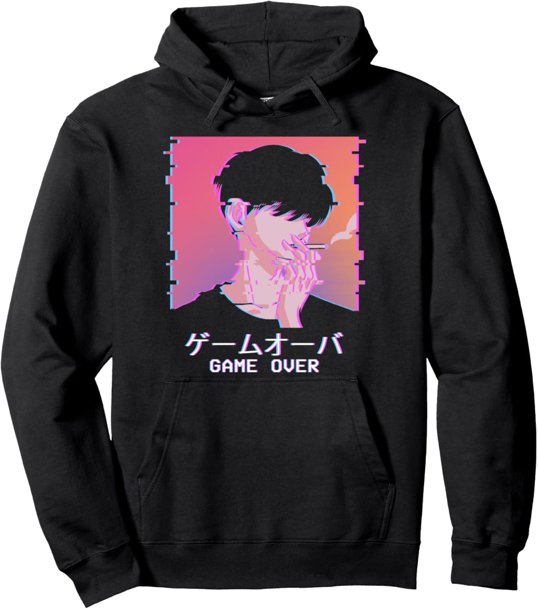 Japanese Vaporwave Aesthetic Anime Boy Smoking Game Over Pullover Hoodie