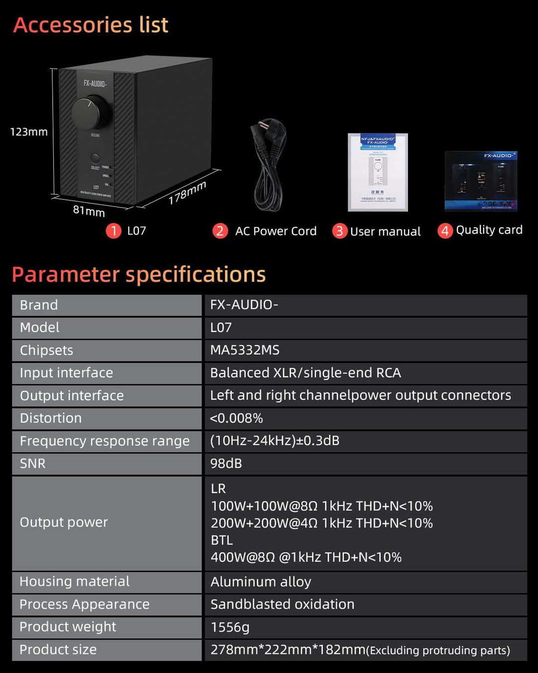 FX-Audio- L07 Stereo Audio Verstärker 200W x2 MA5332MS 2 Kanal Class D Power Amp Bridgeable BTL 400W
