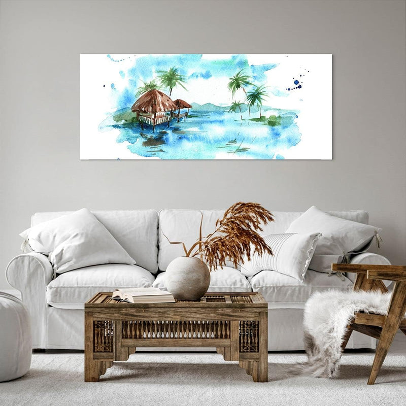 Wandbilder Dekoration Wohnzimmer Tropen Wasser Bungalow Ufer Panorama Bilder auf Leinwand 120x50cm L