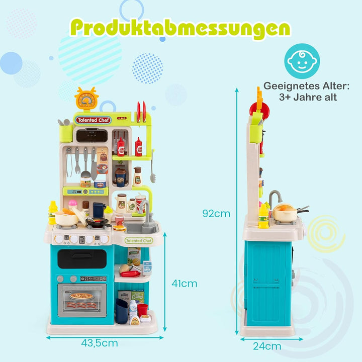 COSTWAY Kinderküche mit 95 Zubehör, Spielküche mit Licht, Sound & Dampf, Kinder Küche mit Kochherd,