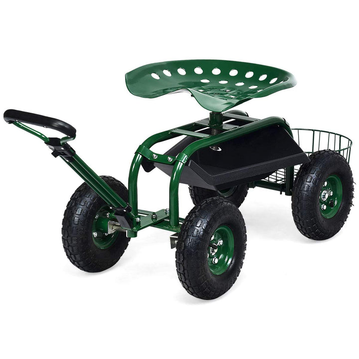 RELAX4LIFE Rollsitz mit Ablage Korb, Gartensitz mit Ausziehbarem Griff 4 Rädern, Gartenrollsitz Fahr