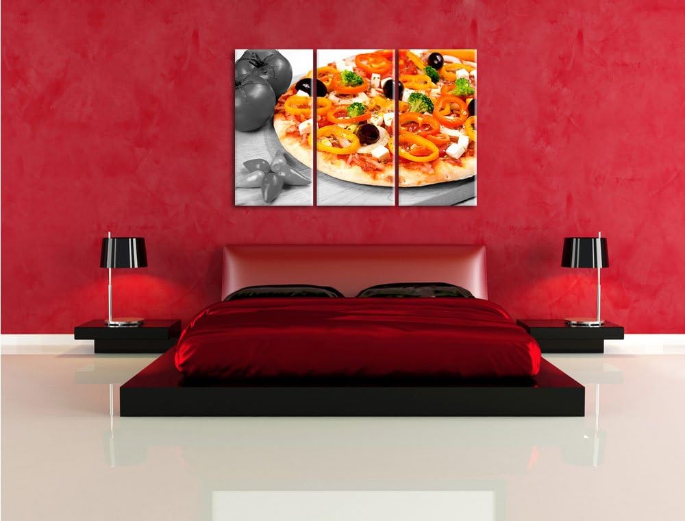Pixxprint Pizza mit Oliven und Hirtenkäse als Leinwandbild/Grösse: 3 Teilig (120x80) cm/Wandbild/Kun