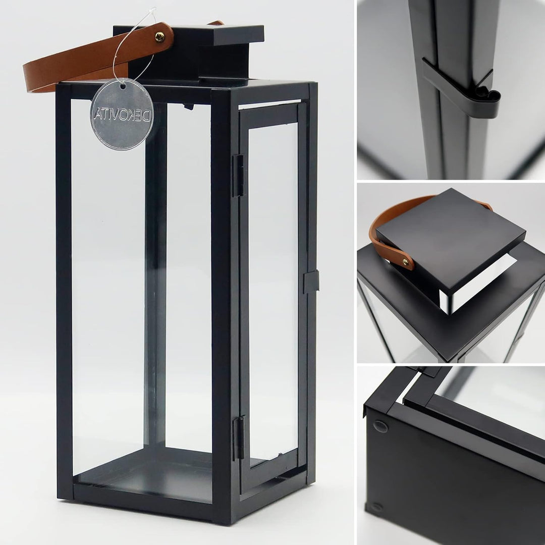 Dekovita 30cm Laterne in Schwarz - Gartenlaterne mit Glas-Scheiben und Kunstleder-Henkel - Metall De
