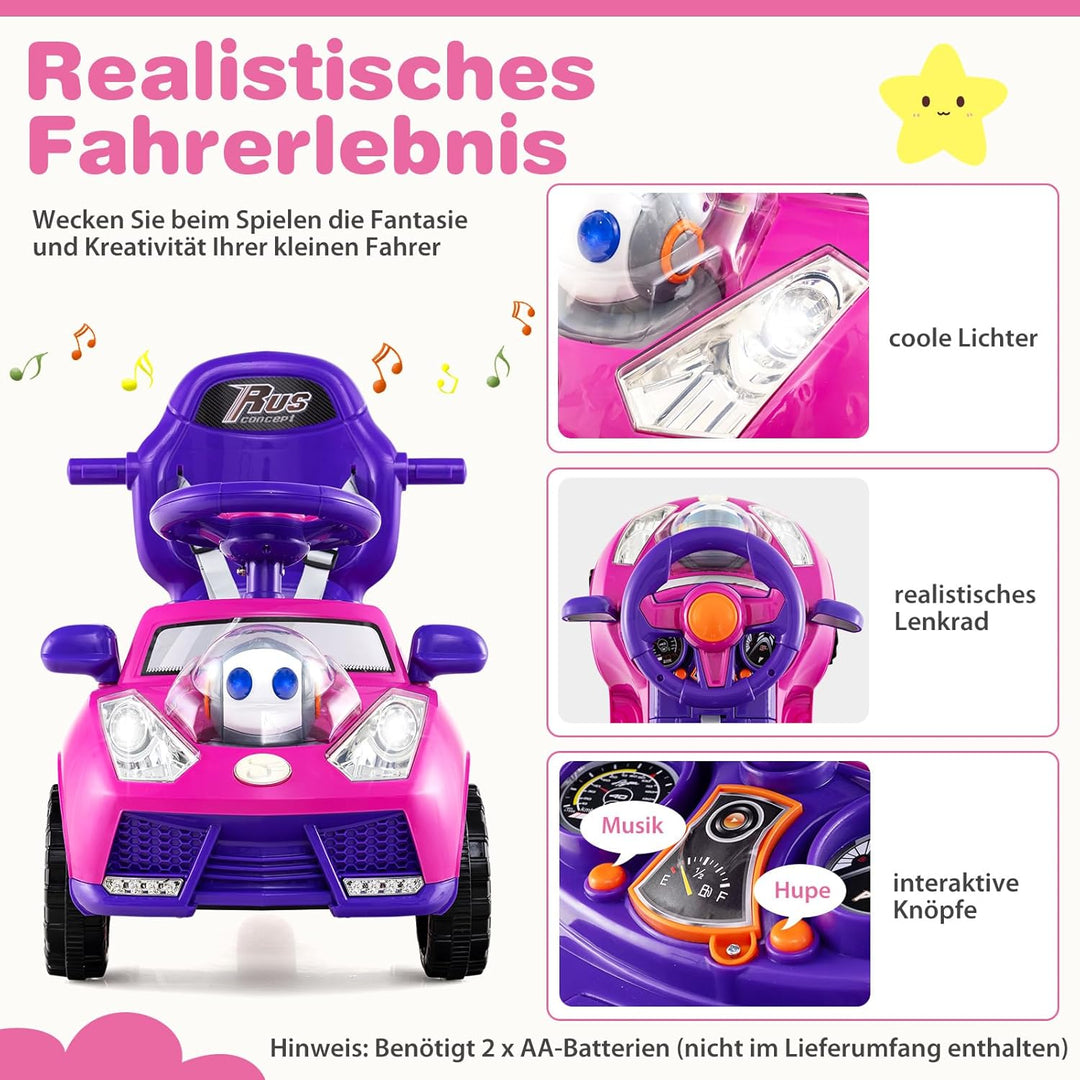 DREAMADE Kinder Rutschauto, 3 in 1 Schiebeauto mit abnehmbarem Verdeck, Sicherheitsgurt & Stauraum,