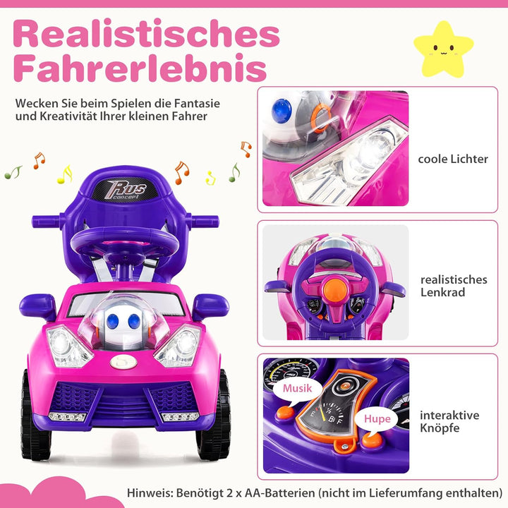 DREAMADE Kinder Rutschauto, 3 in 1 Schiebeauto mit abnehmbarem Verdeck, Sicherheitsgurt & Stauraum,