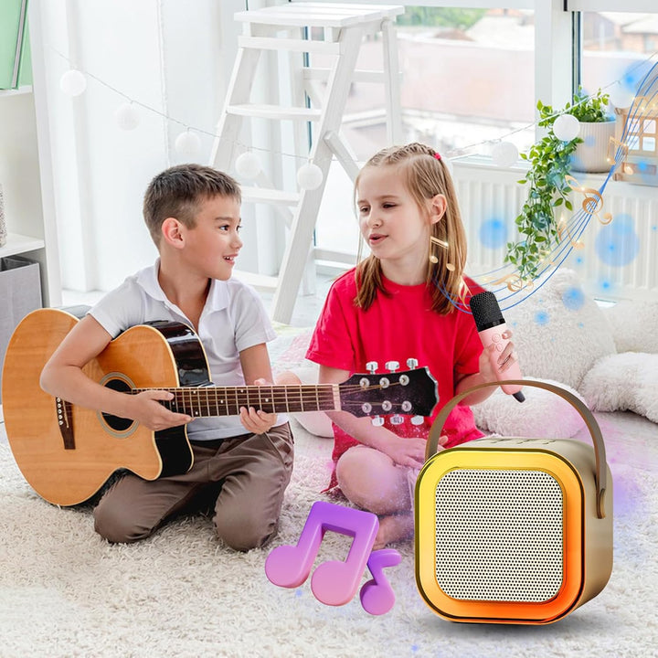 Karaoke Set für Kinder mit 2 kabellosen Mikrofonen – Bluetooth Lautsprecher mit LED Discolichtern &