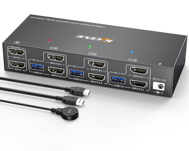 KVM Switch 2 Monitore 3 PC HDMI, KCEVE 4K@60Hz Dual Monitor USB 3.0 KVM Umschalter mit EDID Emulator