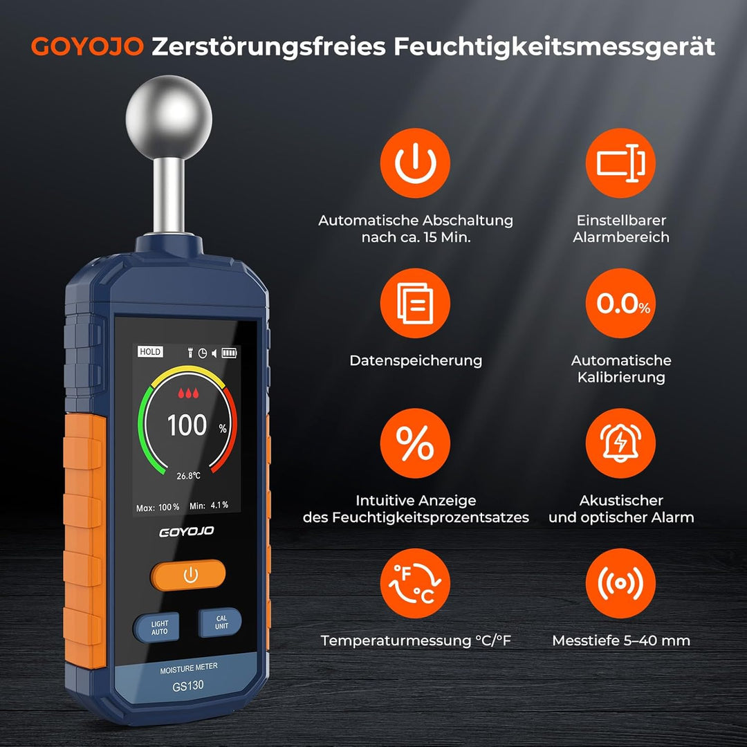 GOYOJO Wiederaufladbar Feuchtigkeitsmessgerät Wand, Feuchtigkeitsmesser mit 5-40mm Kugelsensor, Zers