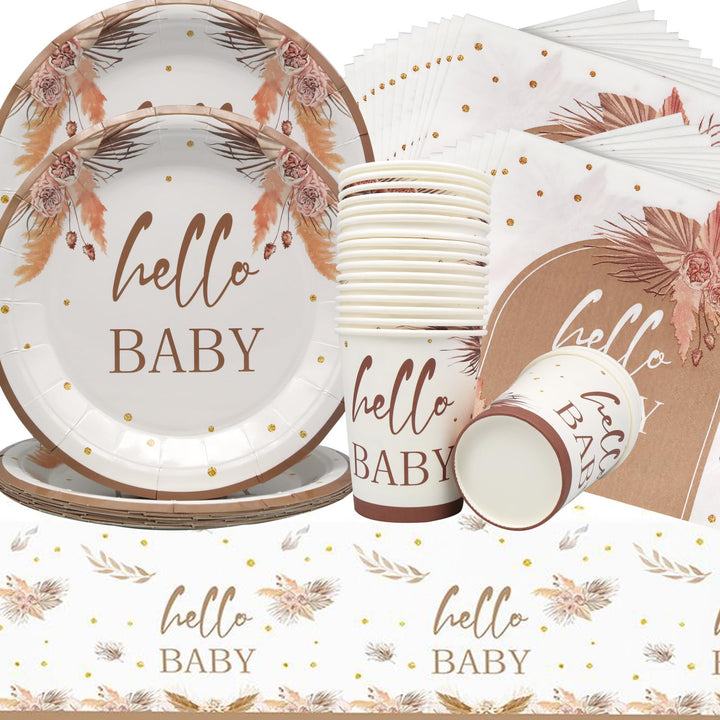 Doyomtoy Boho Baby Shower Partygeschirr,61Stück Baby Shower Papiergeschirr Set - Pappteller Papiertü
