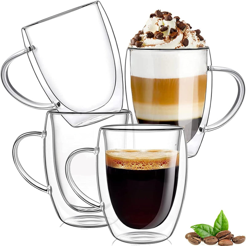 350ml Kaffeeglas Latte Macchiato Gläser mit Henkel, 4-Stück Teeglas Doppelwandige Gläser, Borosilika