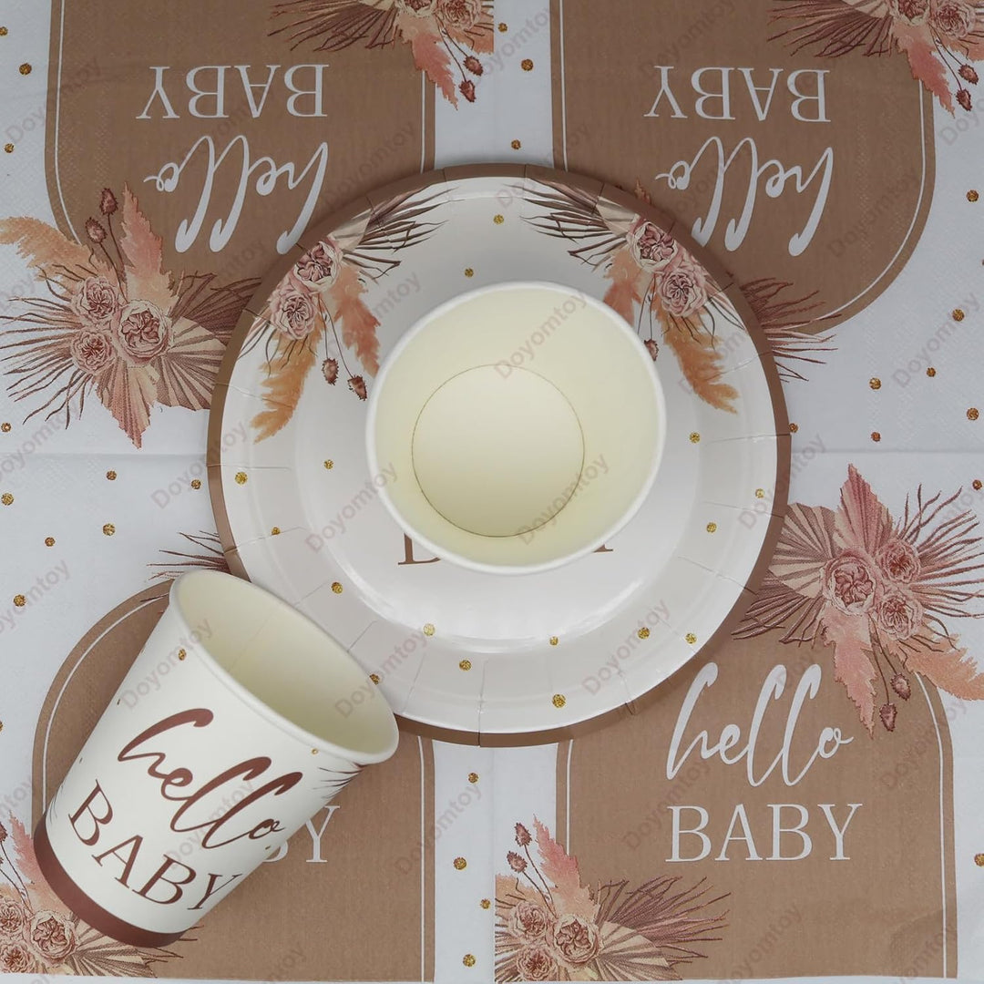 Doyomtoy Boho Baby Shower Partygeschirr,61Stück Baby Shower Papiergeschirr Set - Pappteller Papiertü