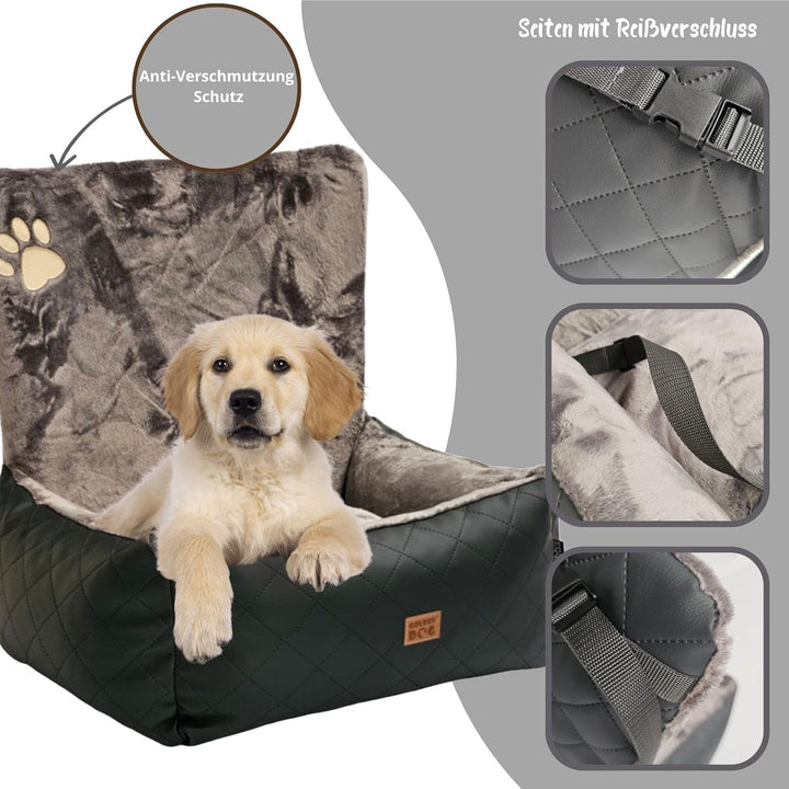Golden Dog -Transportbox Hund mit Sicherheitsgurt L 83 x 66 cm Leder Imitation Autositz Hund, Wasser