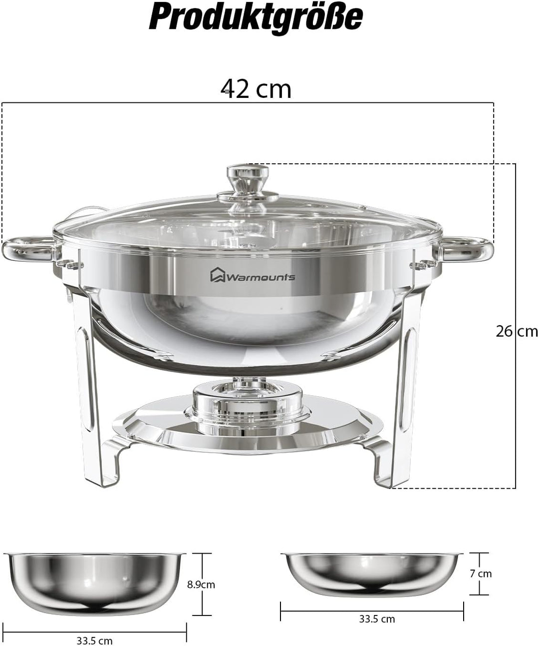 WARMOUNTS Rund Chafing Dish Buffet 2er Set 5L, Speisenwärmer für Catering mit Glasdeckel & Deckelhal