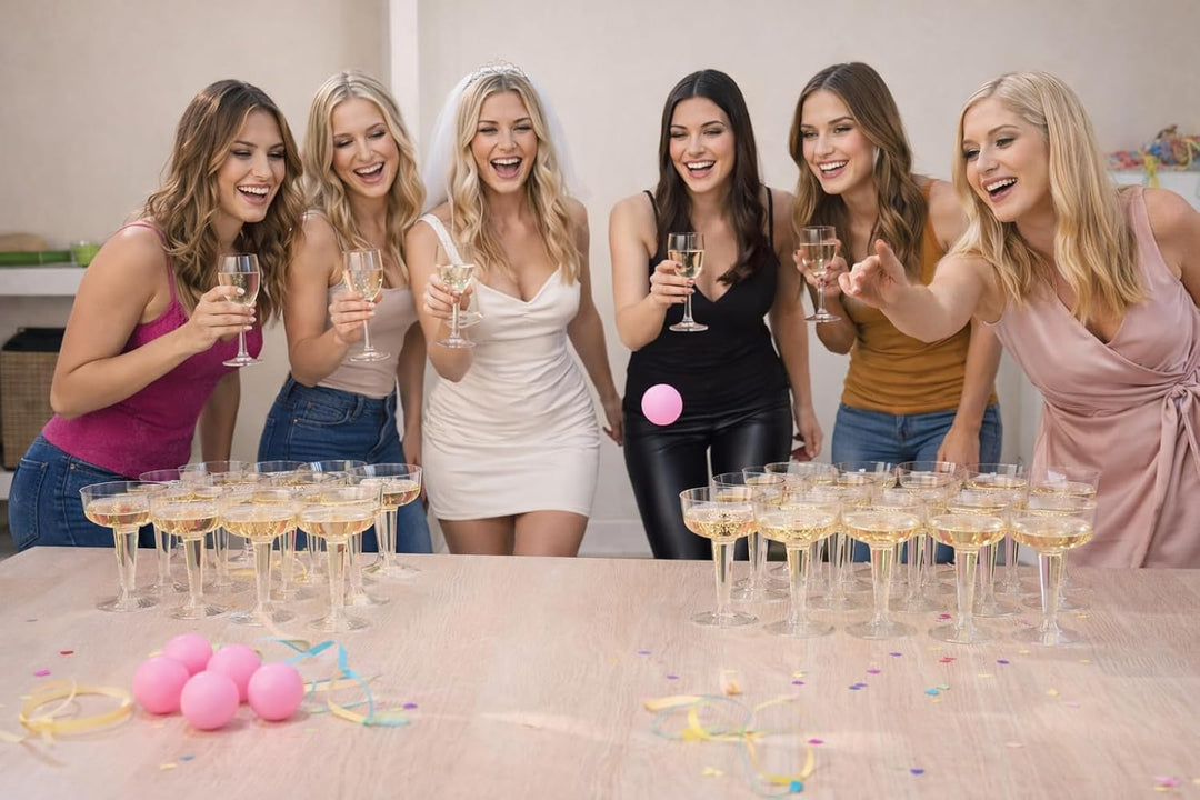 Mega Prosecco Pong XXL 24 Gläser + 6 Bälle – Trinkspiel für Erwachsene – JGA Party, Geburtstag, Fest