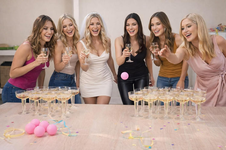 Mega Prosecco Pong XXL 24 Gläser + 6 Bälle – Trinkspiel für Erwachsene – JGA Party, Geburtstag, Fest
