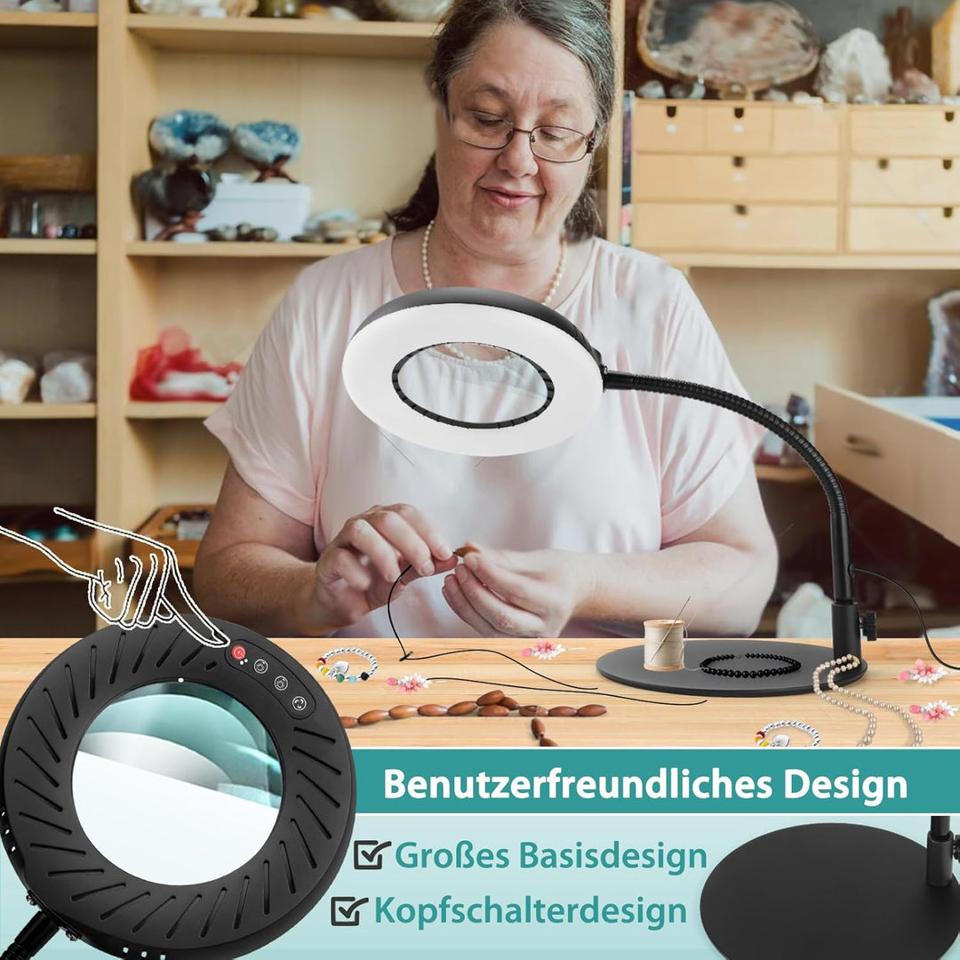 10X Lupe mit Licht und Ständer, 5 Farbmodi Dimmbar, Flexible Schwanenhals LED Schreibtischlampe Händ