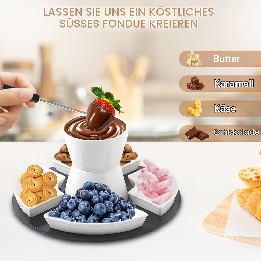 Keramik Schokofondue, Fondueset mit Holzpalette, 4 Gabeln, 4 Snackschalen, Schokobrunnen mit Schmelz