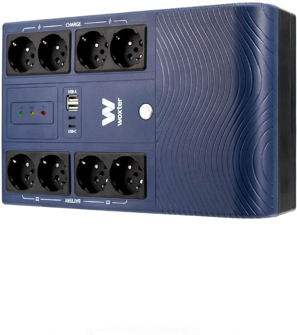 Woxter Multibase USV, 1200 VA/720 W, unterbrechungsfreie Stromversorgung, 8 Schuko-Steckdosen, 4 USB