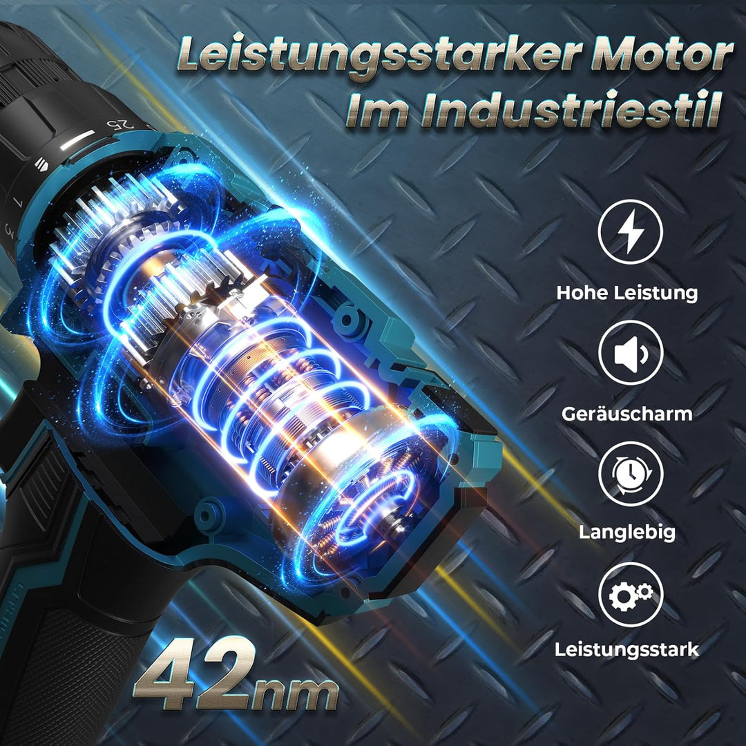 Akkuschrauber mit 2x 2000mAh Akkus, 20V Akku Bohrschrauber Set 42Nm Max, 2-Gang Akku-Bohrmaschine, K