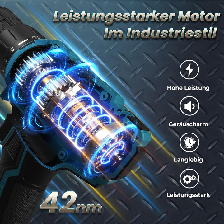 Akkuschrauber mit 2x 2000mAh Akkus, 20V Akku Bohrschrauber Set 42Nm Max, 2-Gang Akku-Bohrmaschine, K