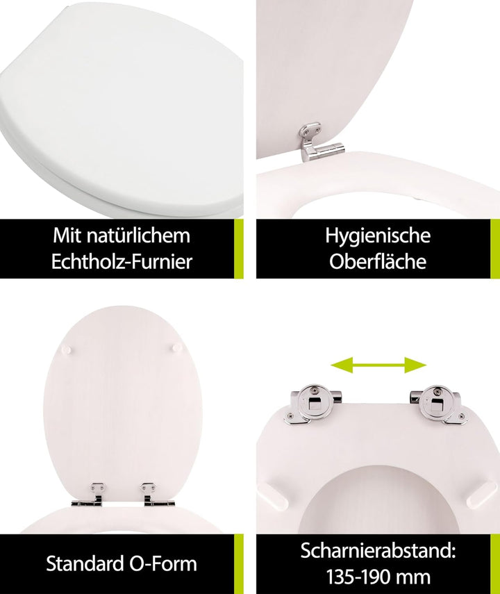 'aquaSu® Holz WC-Sitz mit Absenkautomatik Venezia Weiss gekalkt, Schnellbefestigung, Metallscharnier