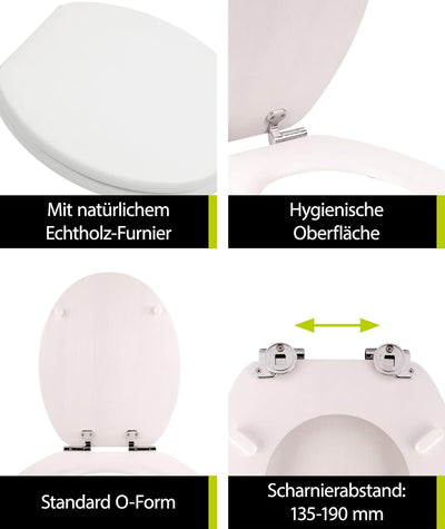 'aquaSu® Holz WC-Sitz mit Absenkautomatik Venezia Weiss gekalkt, Schnellbefestigung, Metallscharnier