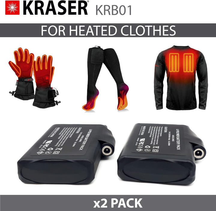KRASER Unisex-Adult KRB01 Pack 2 Akkus für beheizte Handschuhe Bekleidung Elektrosocken, Ersatzakku,