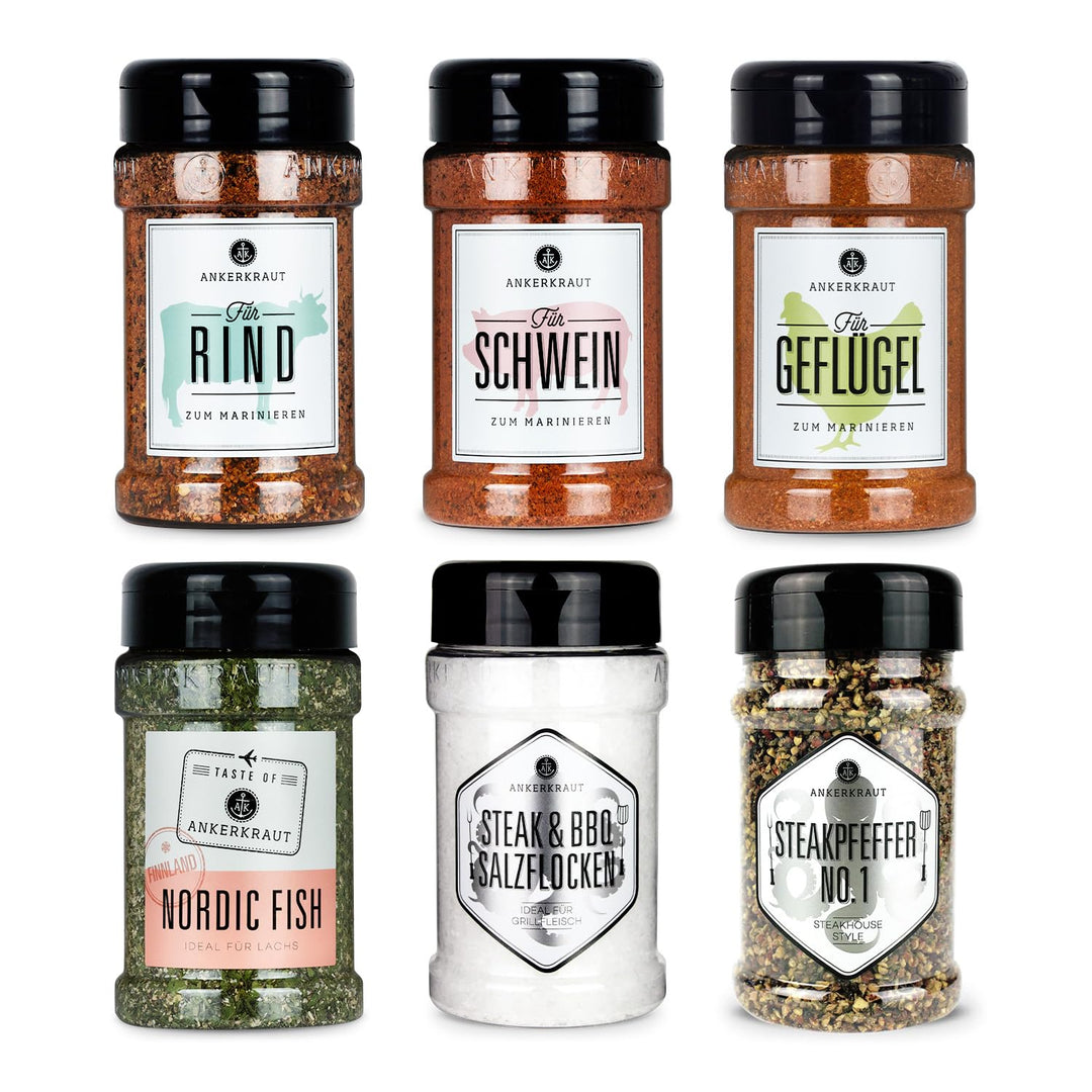 Ankerkraut 'Einfach Grillen' Set, 6 Gewürze Streuer im Bundle, BBQ Gewürz Allrounder für Rind, Geflü