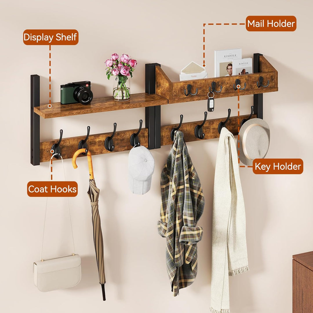 YMYNY 4-in-1 Wandgarderobe mit Ablage, Garderobenleiste Schlüsselbrett Holz, Gaderobe Wand für Flur,